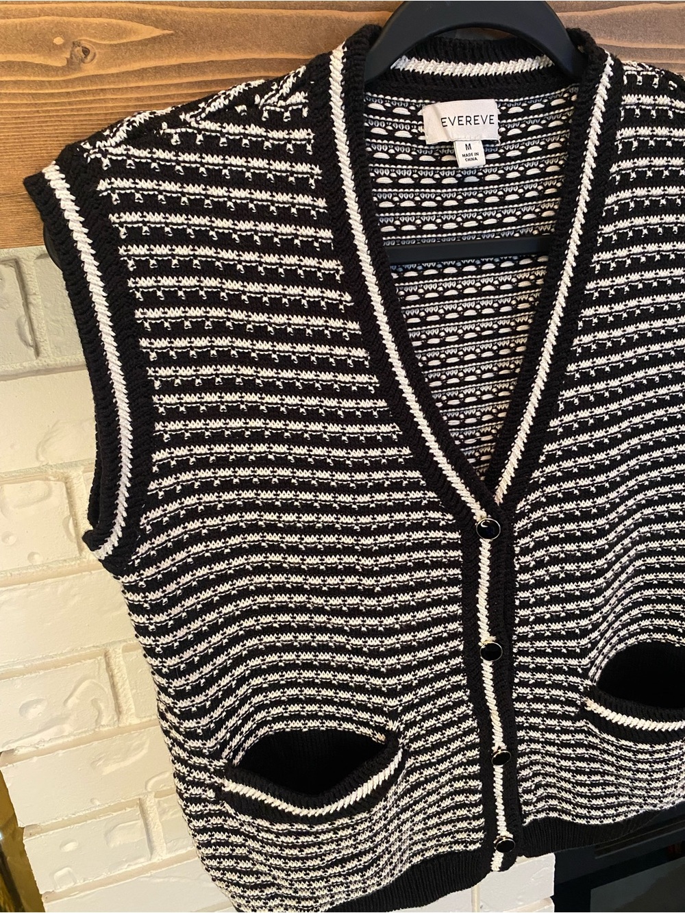 Evereve Black & White Open Knit Sweater Vest Medium Cotton Modal Button Front - Picture 4 of 9